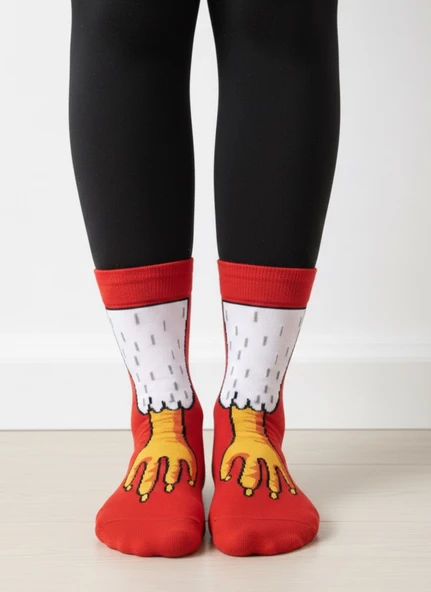 Kuş Ayağı Desenli Unisex Soket Çorap (1 Çift) – Eğlenceli Funny Socks Premium Kırmızı ürün görseli 1