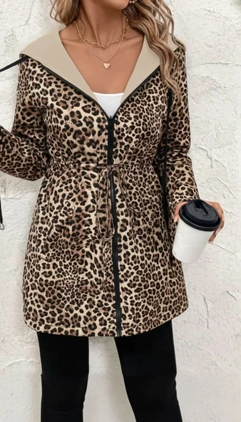 MDB Kadın Uzun Kollu Kapşonlu çift Taraflı Cepli Bağcıklı Fermuarlı Viskon Iki Iplik Ceket - Resim 3