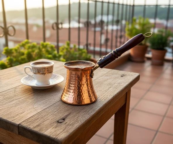 SÖZEN İşlemeli Ahşap Saplı El Yapımı Dekoratif Bakır Cezve - Resim 3