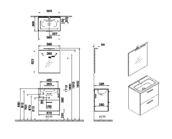 Mia 60 cm Antrasit Çekmeceli alt banyo dolabı + lavabo - Resim 3