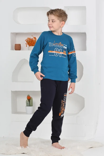 Erkek Çocuk Baskılı %100 Pamuk İnterlok Kumaş Pijama Takımı 12446 - Resim 3