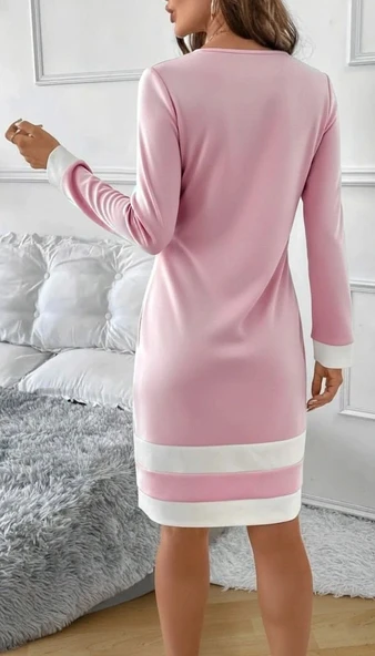 MDB Kadın Uzun Kollu Yuvarlak Yaka Etek Ucu şerit Detaylı Mini Dalgıç Elbise - Resim 3