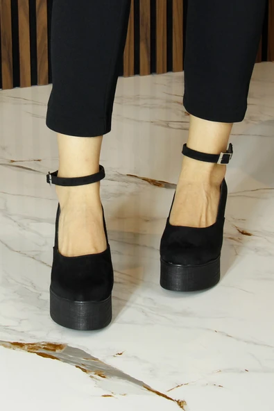 Erkan Saçmacı Tushar Siyah Süet Yuvarlak Burun Bantlı Gizli Dolgu Topuklu Günlük Ayakkabı - Resim 4