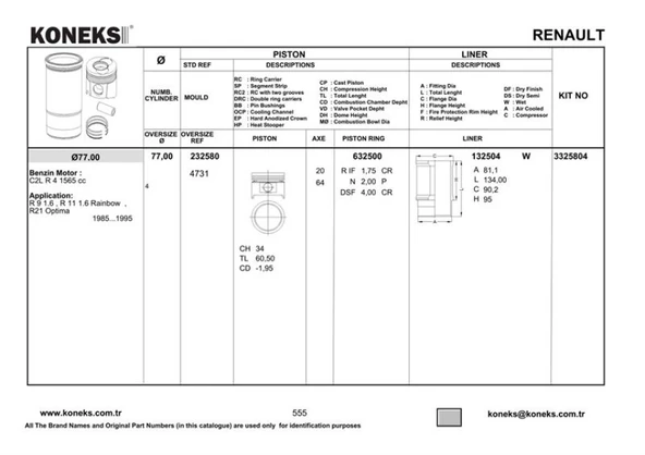 Renault Eski Motor Kiti (piston + Segman + Gomlek) R21 Optıma Faırway R9 R19 1.6 (77,00mm) / (std) - Koneks 3325804 ürün görseli 1