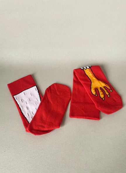 Kuş Ayağı Desenli Unisex Soket Çorap (1 Çift) – Eğlenceli Funny Socks Premium Kırmızı - Resim 4