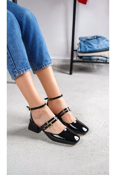 Kohana Siyah Çift Baret Küt Burun Topuklu Günlük Ayakkabı - Resim 2