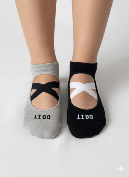 2’li Pilates & Yoga Çorap Seti – Kaydırmaz Tabanlı Unisex Pamuklu Spor Patik Çorap - Resim 2