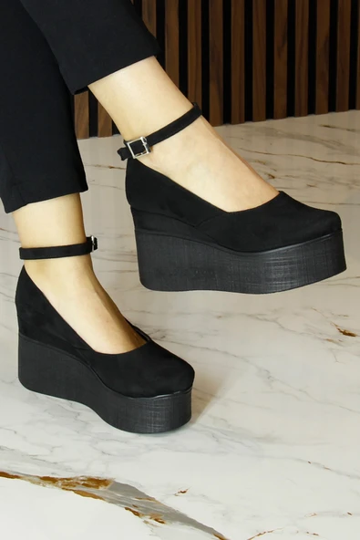 Erkan Saçmacı Tushar Siyah Süet Yuvarlak Burun Bantlı Gizli Dolgu Topuklu Günlük Ayakkabı - Resim 3