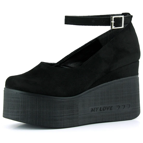 Erkan Saçmacı Tushar Siyah Süet Yuvarlak Burun Bantlı Gizli Dolgu Topuklu Günlük Ayakkabı ürün görseli 1