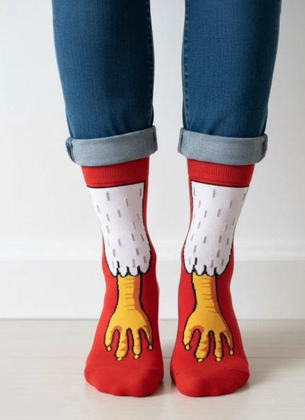 Kuş Ayağı Desenli Unisex Soket Çorap (1 Çift) – Eğlenceli Funny Socks Premium Kırmızı - Resim 2