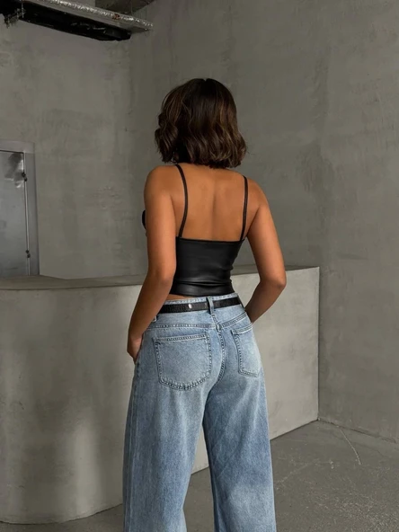 İp askılı yandan fermuarlı rastale deri crop siyah - Resim 6