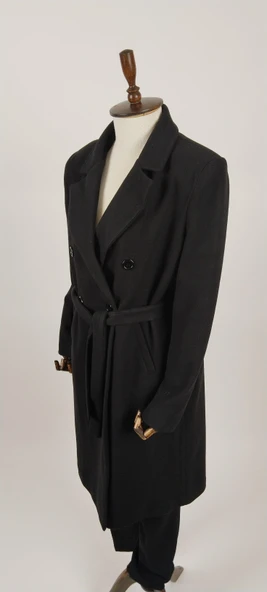 Geniş Beden Uzun Kuşaklı Kaşe  Kadın Kaban - Resim 7