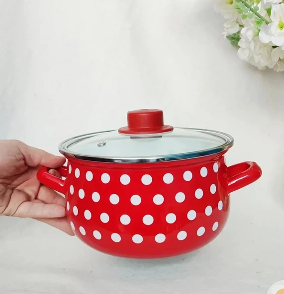 Retro Kırmızı Puantiyeli 20 Cm 3 Litre Emaye Süt Yoğurt Tencere ürün görseli 1