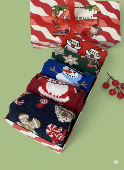 Yılbaşı 5’lı Desenli Çorap Seti | Unisex Hediye Kutulu Kış Temalı Çoraplar - Resim 6