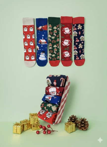 Yılbaşı 5’lı Desenli Çorap Seti | Unisex Hediye Kutulu Kış Temalı Çoraplar - Resim 5