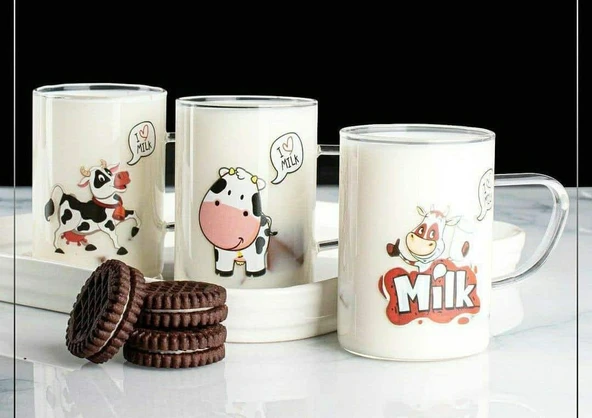 3LÜ TERMOSİLİKAT CAM FİGÜRLÜ SÜT KUPASI 200ML - Resim 3