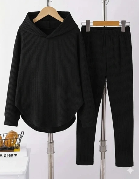 MDB Kadın Uzun Kollu Kapşonlu Meloni Bluz Ve Pantolon Ikili Takım ürün görseli 1