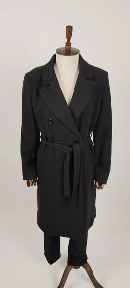 Geniş Beden Uzun Kuşaklı Kaşe  Kadın Kaban - Resim 5