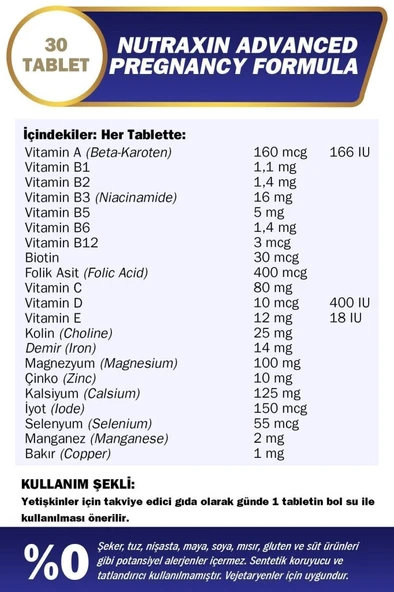 Nutraxin Advanced Pregnancy Formula 30 Tablet - Hamilelik Süresince & Sonrasında 21 Vitamin & Mineral - Resim 2