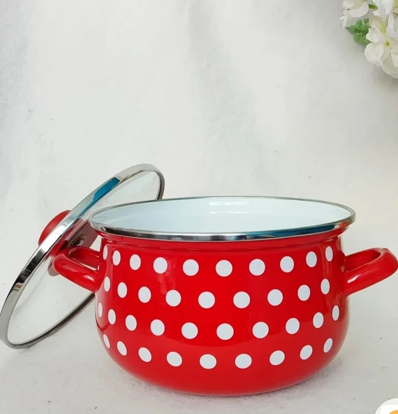 Retro Kırmızı Puantiyeli 20 Cm 3 Litre Emaye Süt Yoğurt Tencere - Resim 3
