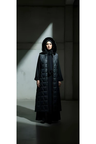 TAM BOY TESETTÜR TÜYLÜ KAPŞONLU KAPİTONE KALIN YELEK - Resim 11