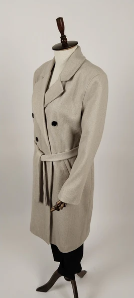 Geniş Beden Uzun Kuşaklı Kaşe  Kadın Kaban - Resim 10