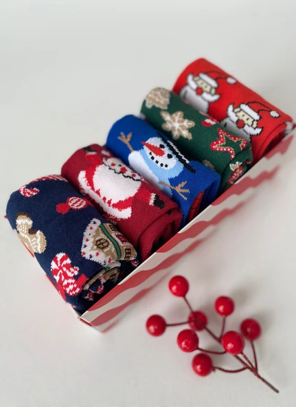 Yılbaşı 5’lı Desenli Çorap Seti | Unisex Hediye Kutulu Kış Temalı Çoraplar - Resim 3