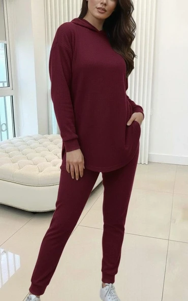 MDB Kadın Uzun Kollu Kapşonlu Meloni Bluz Ve Pantolon Ikili Takım - Resim 2