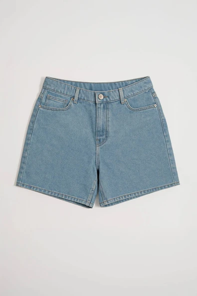 Kadın Yüksek Bel Rahat Kesim Jean Şort - Resim 2