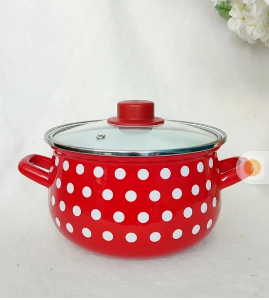 Retro Kırmızı Puantiyeli 20 Cm 3 Litre Emaye Süt Yoğurt Tencere - Resim 2