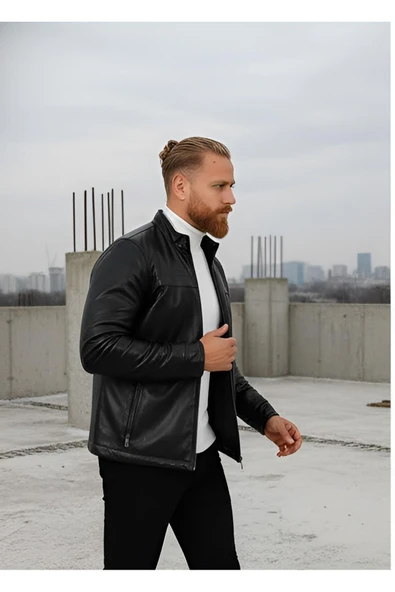 DİK YAKA PREMİUM ERKEK DERİ MONT - Resim 6