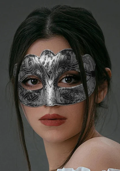 Maskeli B Antik Gri Gümüş Eskitilmiş Maske B Venedik - Resim 4