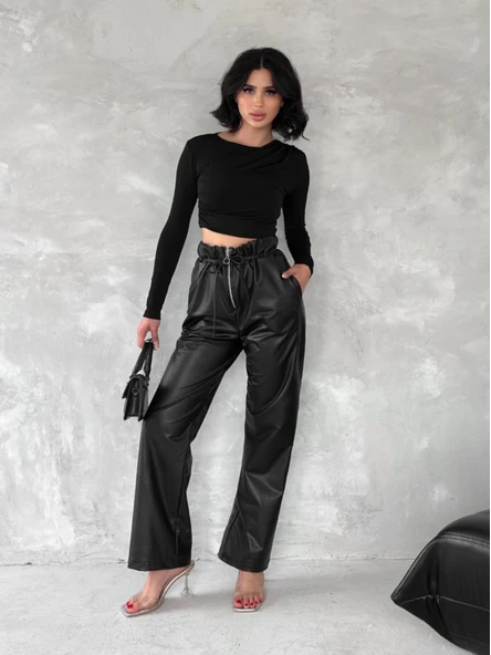 Kendinden ince kemerli deri pantolon siyah - Resim 6