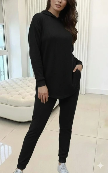 MDB Kadın Uzun Kollu Kapşonlu Meloni Bluz Ve Pantolon Ikili Takım - Resim 2