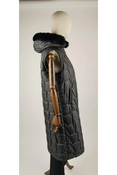 TAM BOY TESETTÜR TÜYLÜ KAPŞONLU KAPİTONE KALIN YELEK - Resim 8