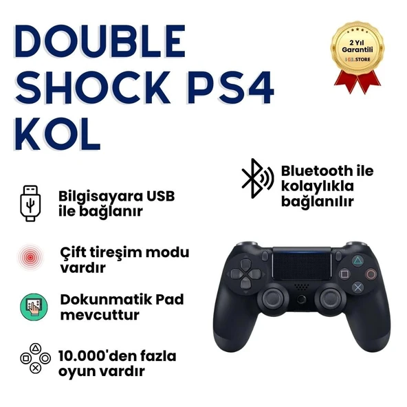 DoubleShock PS4 Kablosuz Oyun Kolu, Yüksek Hassasiyetli Çift Titreşimli Bluetooth Gamepad, Ergonomik Tasarım, PS4 – PC – Android Uyumlu Profesyonel Oyun Kumandası ürün görseli 1
