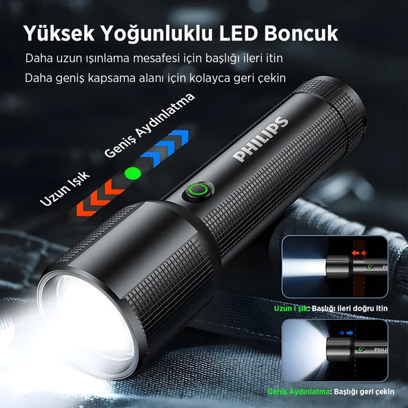 SFL2203 Teleskopik Zoom, 450 Lümen Max Işık Gücü, Sos Modu ve Metal Gövdeli Şarj Edilebilir ve Çıkarılabilir Pilli Uzun Menzilli 5W LED El Feneri - Resim 2