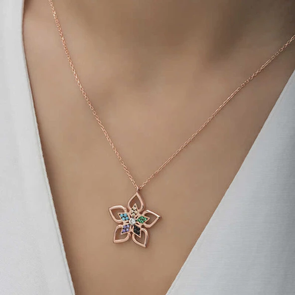 ​Gümüş Rose Renkli Taşlı Çiçek Kadın Kolye - Resim 4