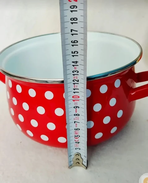 Retro Kırmızı Puantiyeli 20 Cm 3 Litre Emaye Süt Yoğurt Tencere - Resim 4