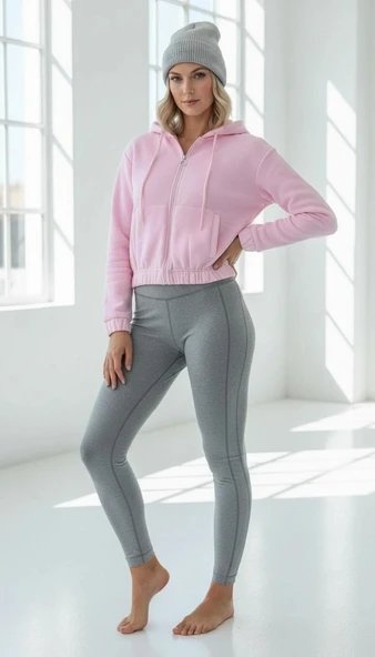 3 iplik şardonlu Kapşonlu fermuarlı kısa üst pembe pat8590 - Resim 2