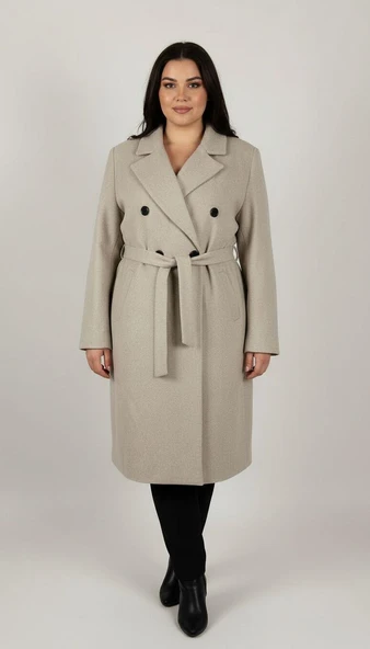 Geniş Beden Uzun Kuşaklı Kaşe  Kadın Kaban - Resim 12