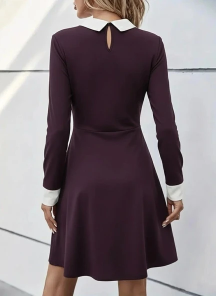 MDB Kadın Uzun Kollu Yakalı Düğmeli Mürdüm Modal Mini Elbise - Resim 3