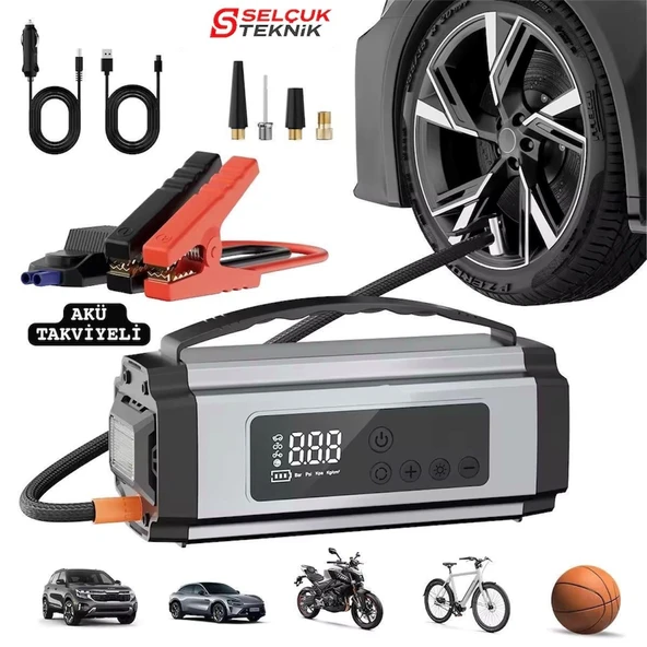 Araba Oto Araç Akü Takviye'li Kompresör Dijital Ekranlı Lastik Şişirme Hava Pompası - Resim 3