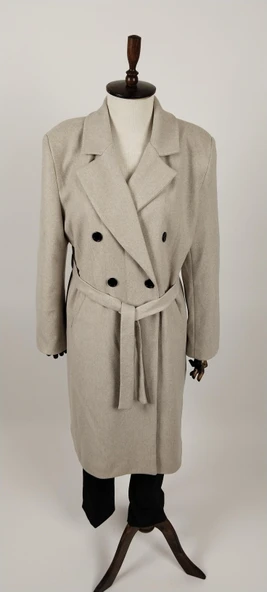 Geniş Beden Uzun Kuşaklı Kaşe  Kadın Kaban - Resim 9