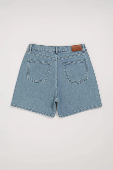 Kadın Yüksek Bel Rahat Kesim Jean Şort - Resim 3