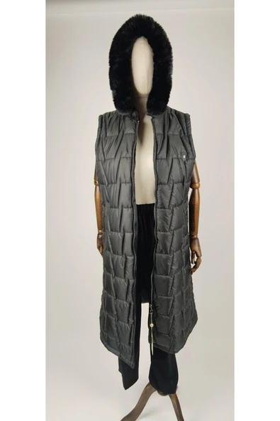 TAM BOY TESETTÜR TÜYLÜ KAPŞONLU KAPİTONE KALIN YELEK - Resim 4