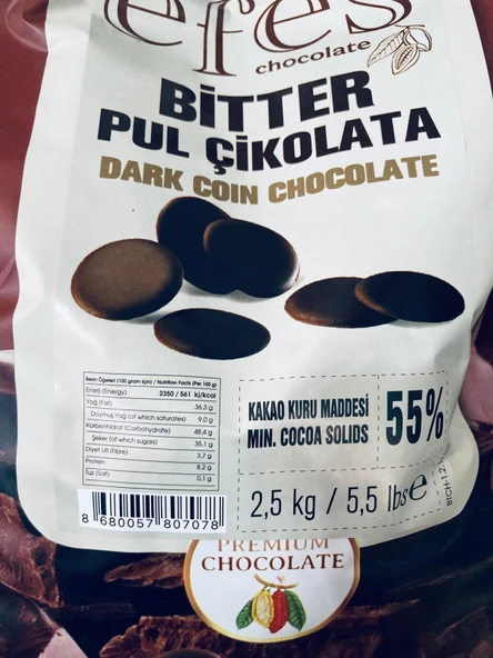 EFES ÇİKOLATA Bitter Pul Çikolata %55  2.5kg - pastacılık - çikolata - damla - drop - pul - eritme ürün görseli 1