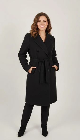 Geniş Beden Uzun Kuşaklı Kaşe  Kadın Kaban - Resim 2