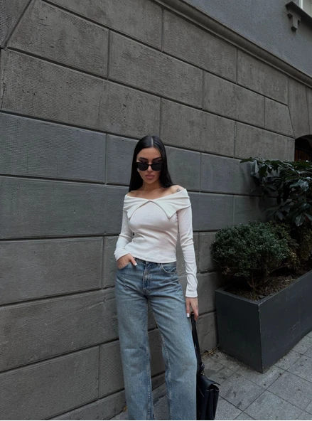 Kelebek yaka uzun kol bluz beyaz - Resim 3