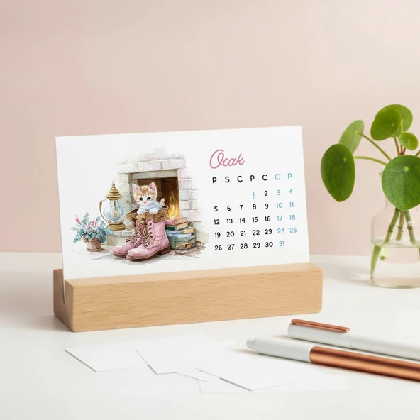 2026 Sevimli Yavru Kedili Masa Takvimi | Doğal Ahşap Tabanlı Takvim | Pastel Pembe Kedi illüstrasyonlu Takvim ürün görseli 1
